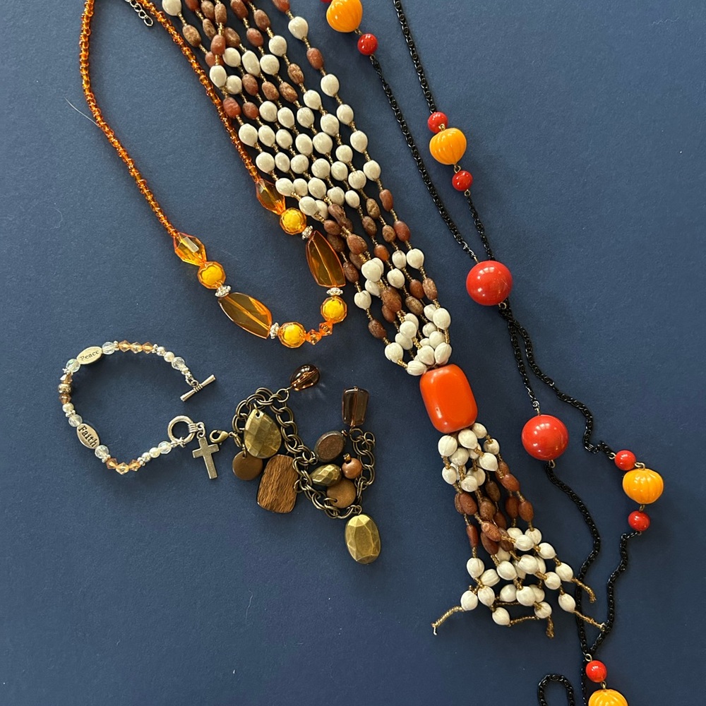 Boho Orange and Brown Beaded Necklace and Bracelet Lot